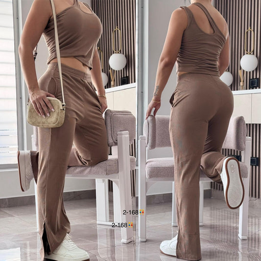 CONJUNTO DAMA  JERSEY MARRON CLARO